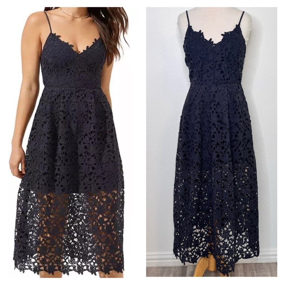 ASTR the Label Women Sleeveless Lace Midi Dress Size L Navy Embroidered Fairy